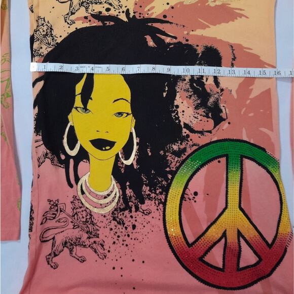 Christian Audigier Crystal Rock Jamaica Peace Top Women L Y2Kstyle Y2K Hippy - Picture 10 of 12